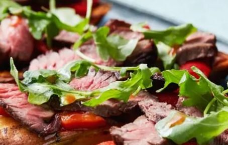 Sweet Potato Toast with Steak, Roasted Peppers, and Arugula