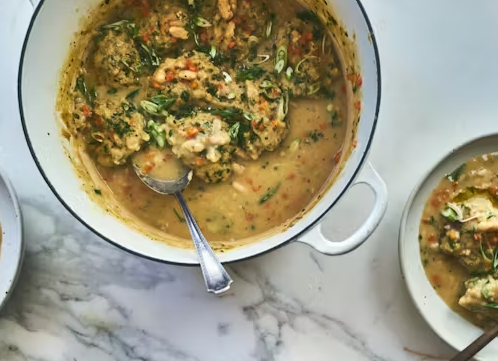 White Bean Soup with Pesto Herb Dumplings