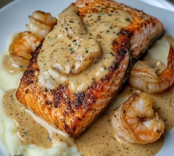 Cajun Salmon and Shrimp with Creamy Mashed Potatoes | Flavorful Surf and Turf Dinner Recipe