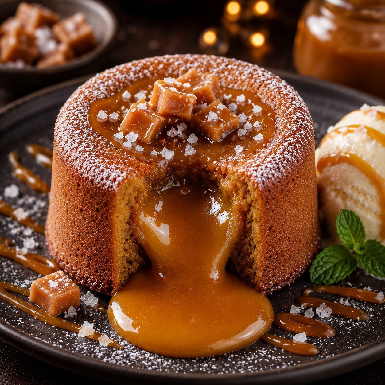 Salted Caramel Lava Cake Recipe | Gooey Molten Caramel Dessert