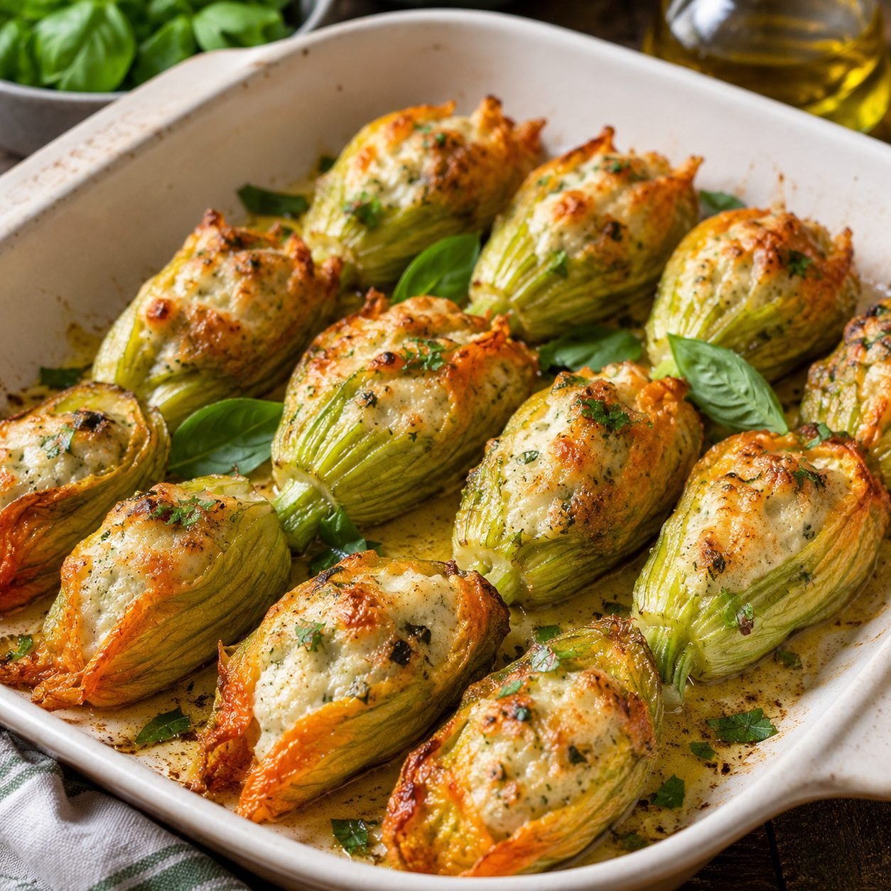 Authentic Italy Stuffed Zucchini Flowers (Baked) Recipe |Traditional Fiori di Zucca Ripieni al Forno