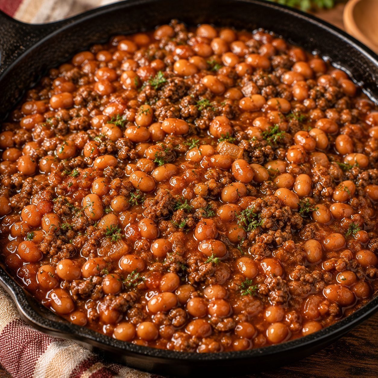 Baked Beans with Ground Beef Recipe | Hearty Cowboy Baked Beans