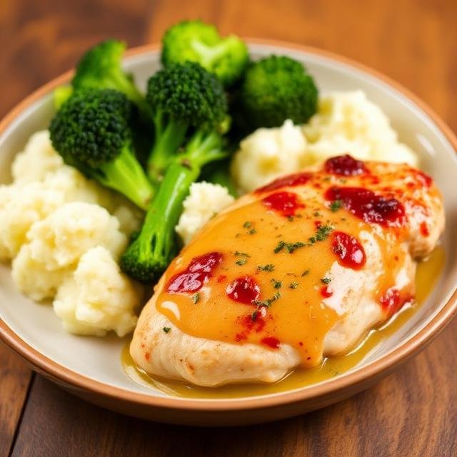 Garlic Butter Chicken with Mashed Potatoes & Broccoli