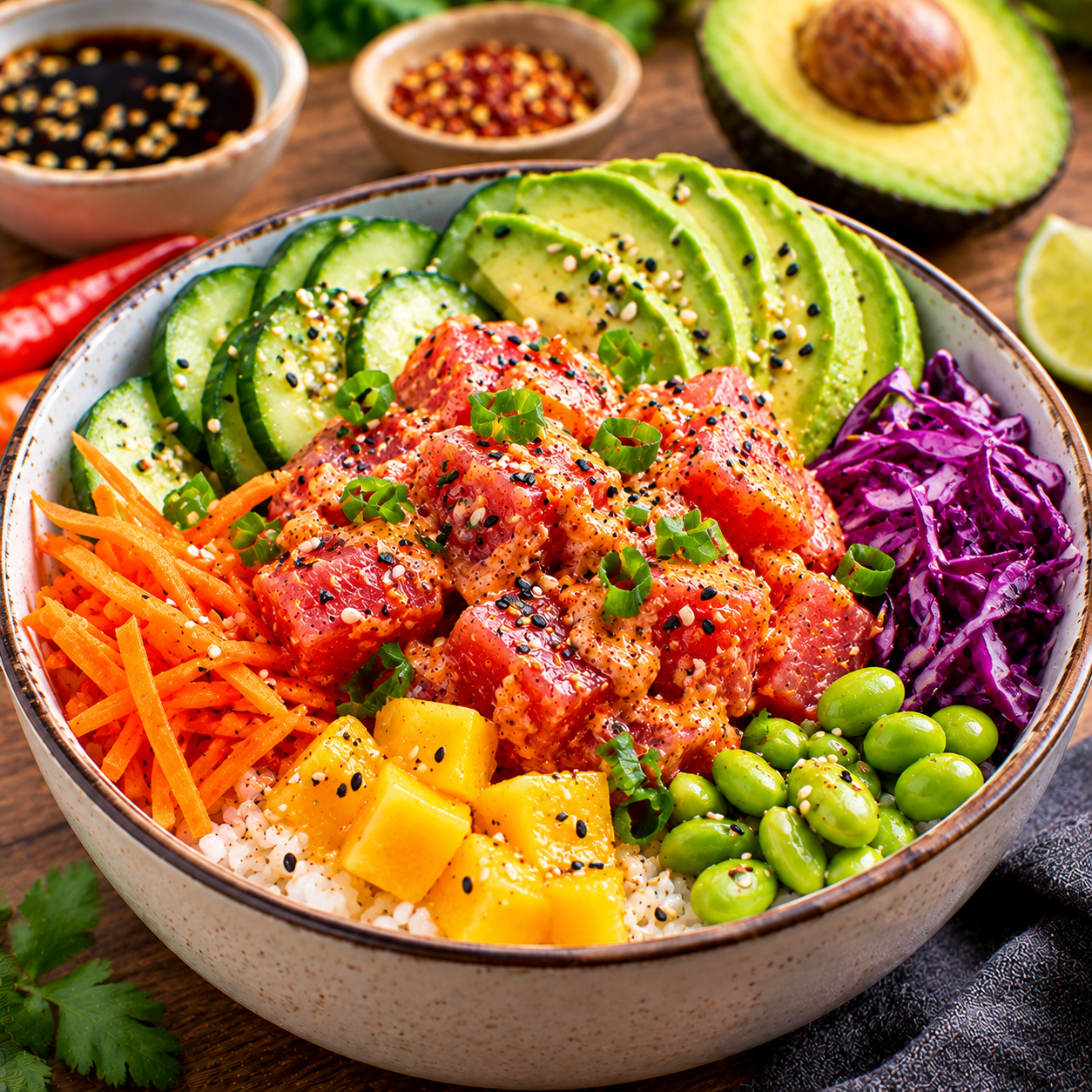 Spicy Tuna Poke Bowl |  Fresh Hawaiian-Style Rice Bowl Recipe