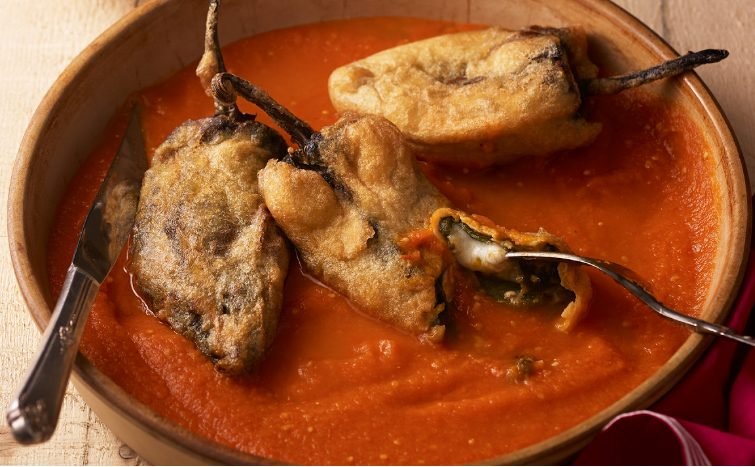 Mexican Chiles Rellenos | Stuffed Poblano Peppers with Tomato Sauce