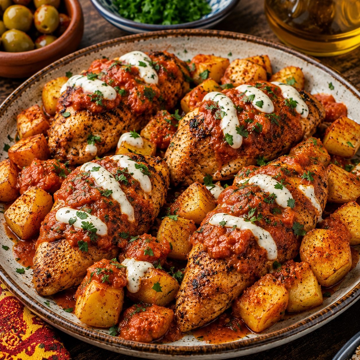Spanish Patatas Bravas Chicken |  Crispy Potatoes with Spicy Spanish Chicken